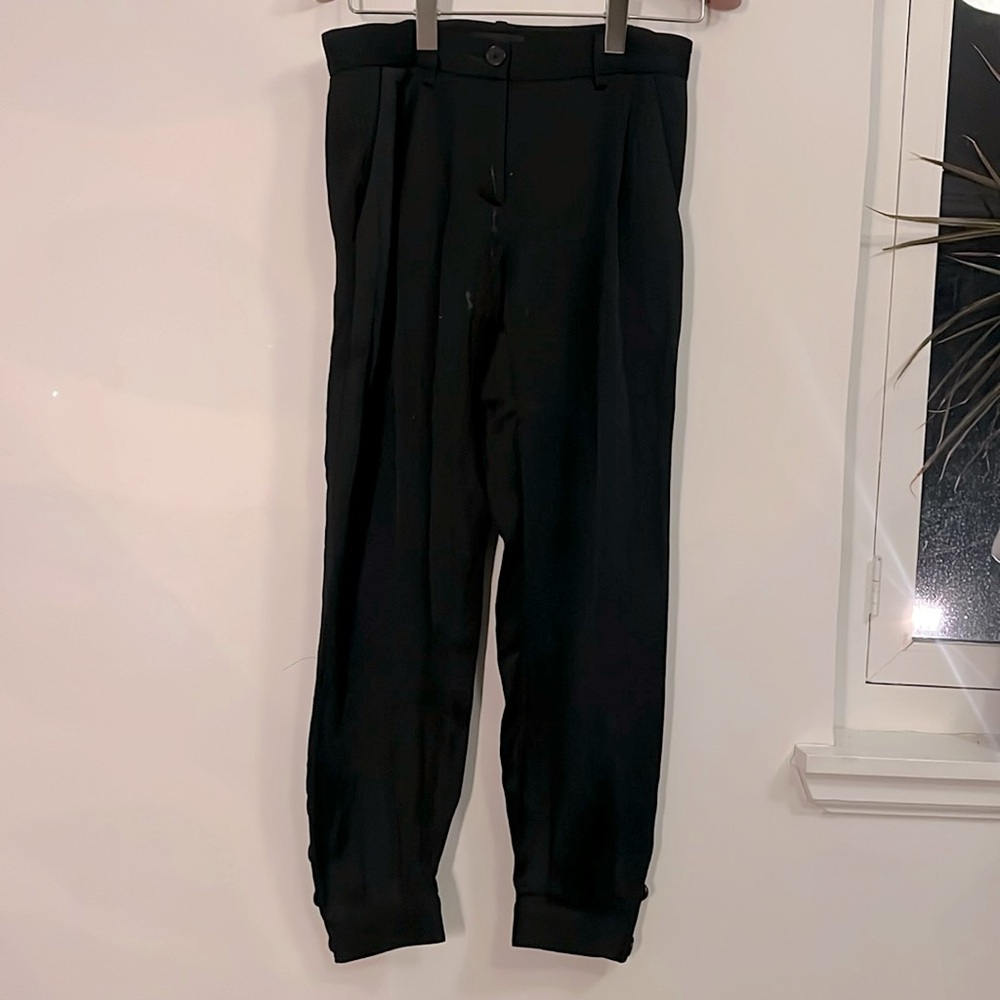 Nili Lotan satin fluid straight leg pant black with buttons at ankle size 2